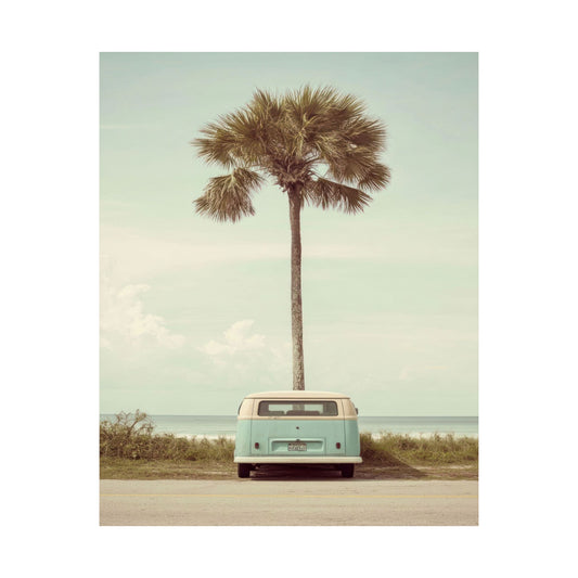Mint VW Bus Palm Beach Poster — Vintage Coastal Travel Wall Art