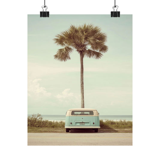 Mint VW Bus Palm Beach Poster — Vintage Coastal Travel Wall Art